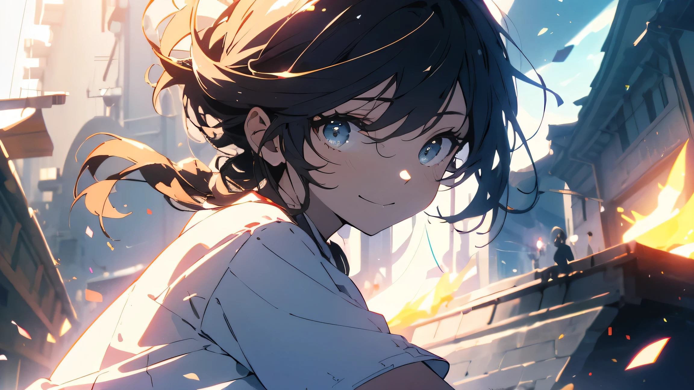 (Highest quality、masterpiece、High resolution、detailed)、(Shining Eyes、detailed美しい顔)、1 Girl、(T-Shirts,Shorts),smile,short boots,outskirts、Slope background、Beautiful Anime