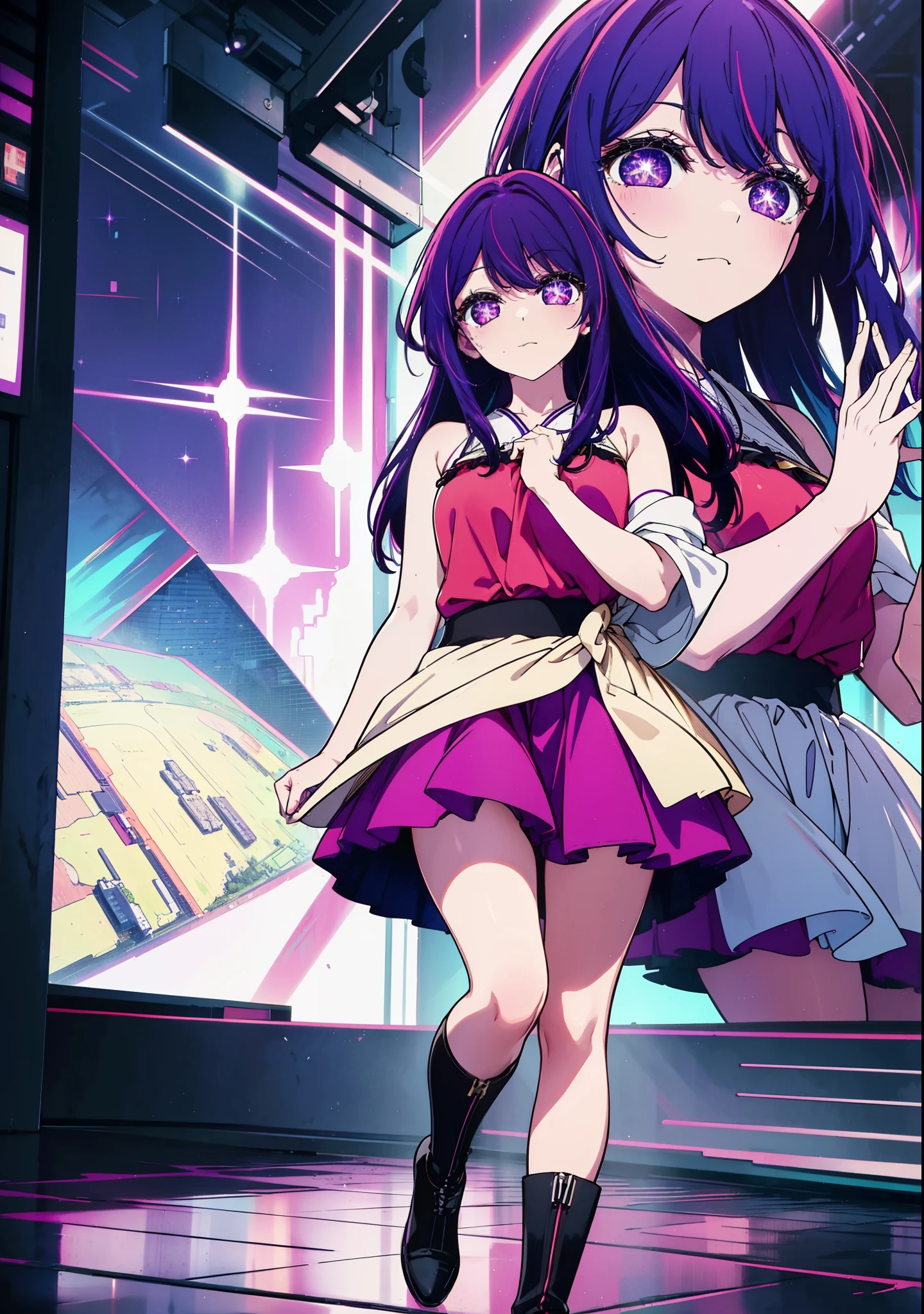 aihoshino, Ai Hoshino, Long Hair, bangs, (Purple eyes:1.1), Purple Hair, (Symbol-shaped pupil:1.5), smile,Medium chest,happy smile, smile, Close your mouth,Hunting Hat,Purple sleeveless dress,Purple mini skirt,Black knee socks,short boots,
Place your right hand on your hip,Looking up from below,whole bodyがイラストに入るように,
break outdoors, In town,ビル街
break looking at viewer, whole body,
break (masterpiece:1.2), highest quality, High resolution, unity 8k wallpaper, (figure:0.8), (Beautiful fine details:1.6), Highly detailed face, Perfect lighting, Highly detailed CG, (Perfect hands, Perfect Anatomy),