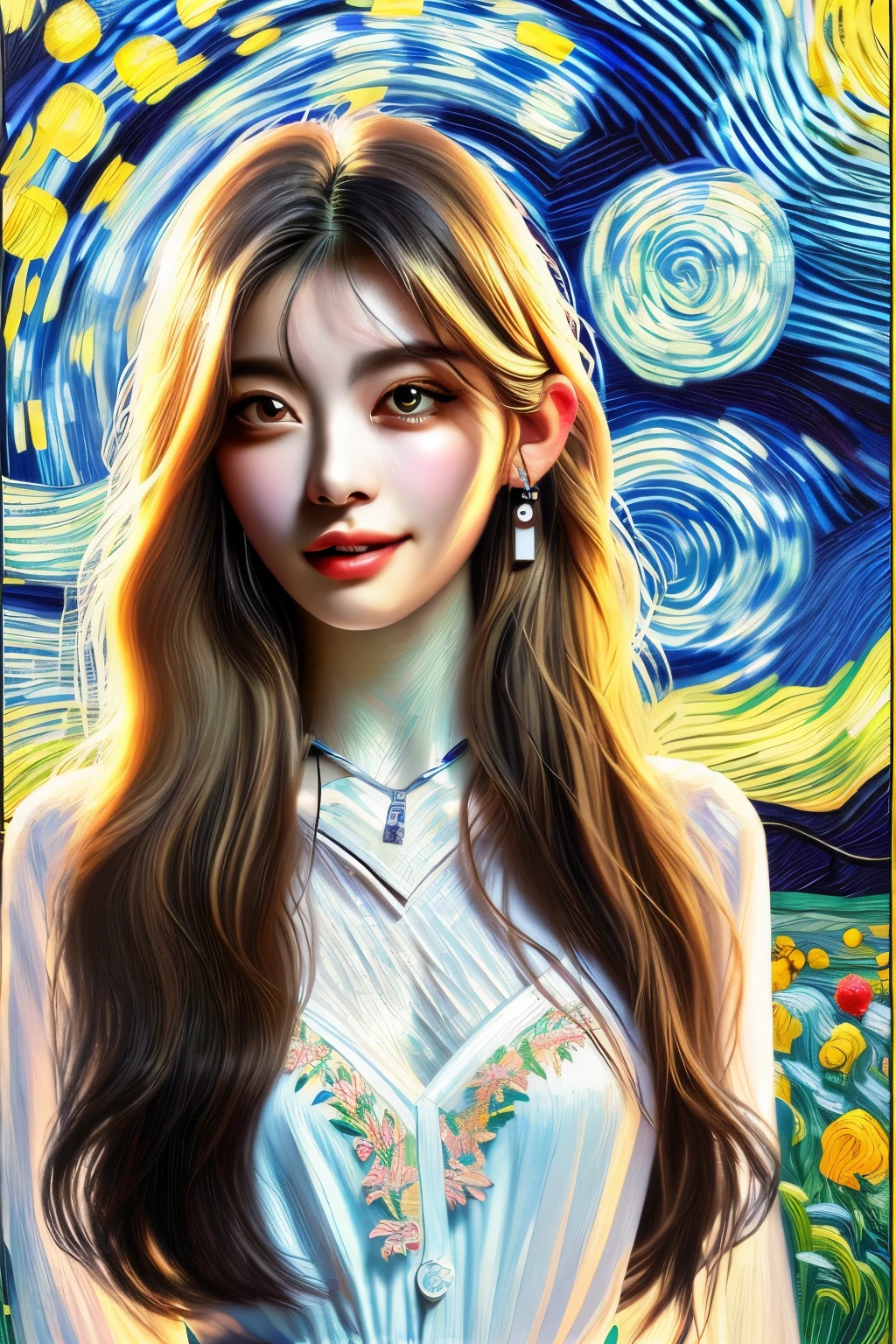 High detail, super detail, super high resolution, girl enjoying her time in the dream galaxy, surrounded by stars, warm light sprinkled on her, background is starry sky with colorful galaxies and galaxy clouds, stars flying around her, delicate face, adding playful atmosphere , 