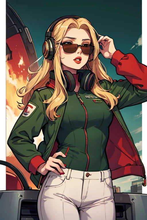 Girl with long blonde hair, red lips, wearing a green and red pilot suit, headphones, sunglasses