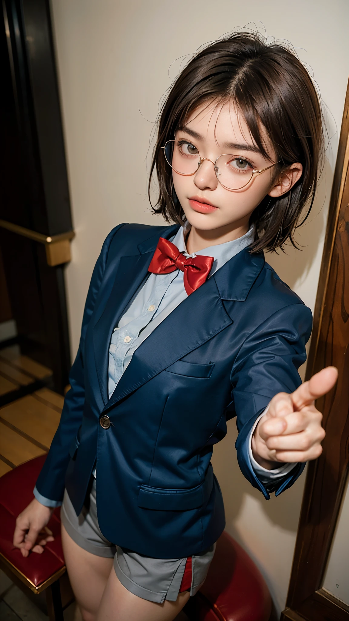 highest quality, masterpiece, Ultra-high resolution, (Realistic:1.4), (Close-up portrait) RAW Photos, 1 girl,23 years old,((Detective Conan costume))、((Blue blazer with red bow tie)),((Grey shorts)),Large fake glasses,Short Bob Hair,Pointing at the audience、((Cap Chestnut)),((Short bangs)),Realistic,Image Media Chest)),