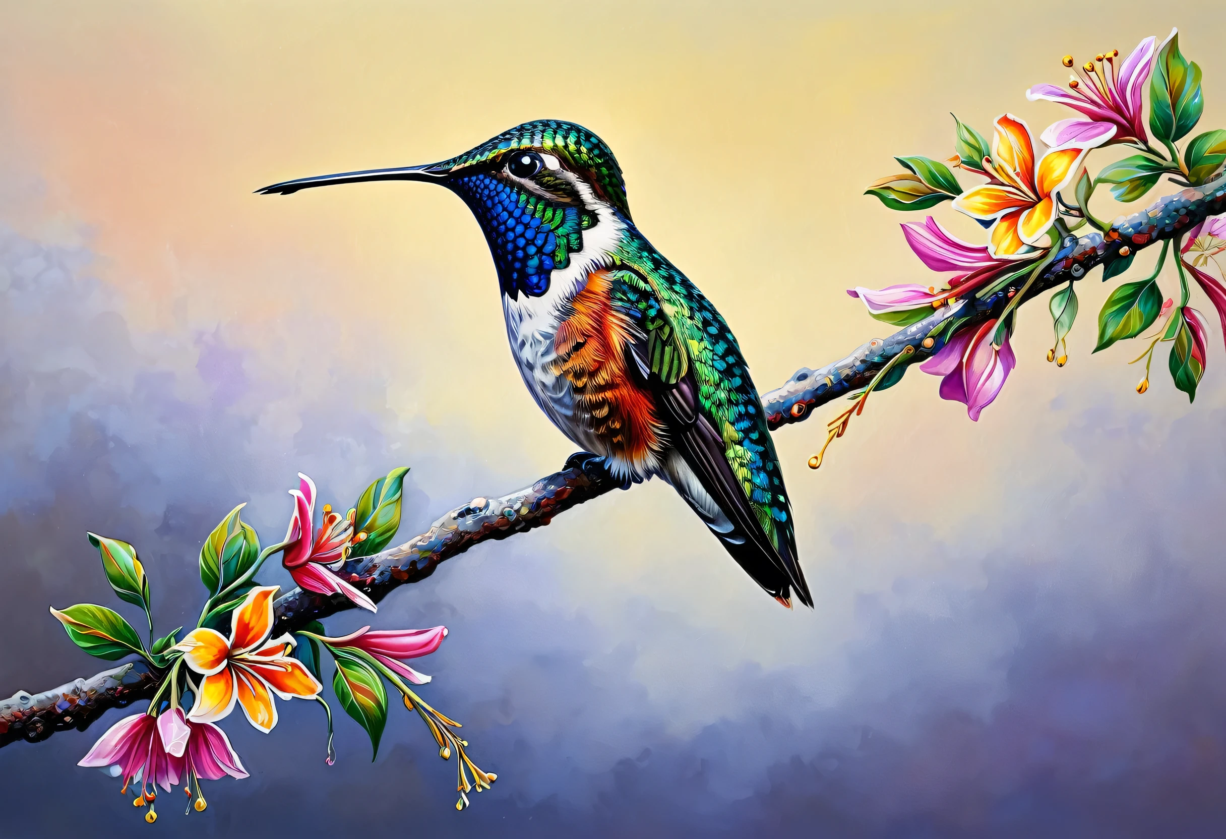 painting of a Hummingbird sitting on a branch with flowers, painting of a Hummingbird, Detailed painting 4k, Colourful and detailed, Beautiful Art UHD 4K, Hummingbird, Surreal Bird, Detailed 4K painting, Multicolored birds, Long colorful bird, Detailed 4K oil painting, a Surreal Bird, Victor Noble Rainbird