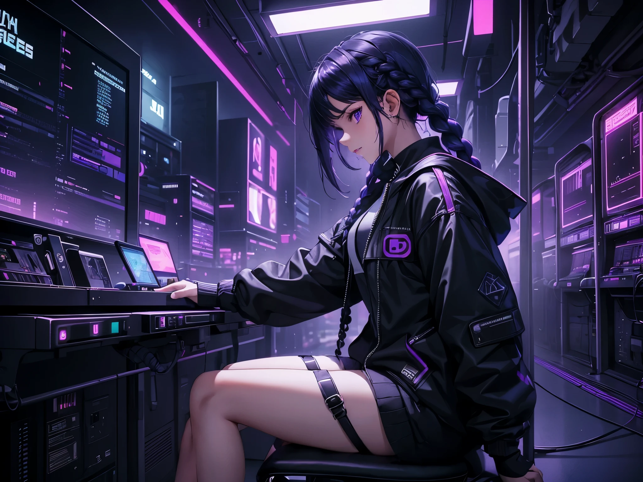 Very young girl, black mask, White skin, The code on, Hacker style, curve,sit on it、View from the side、deep purple, dark, braids, dark blue hair, cable, vintage, cyberpunk, Data center background, deep purple theme, night city