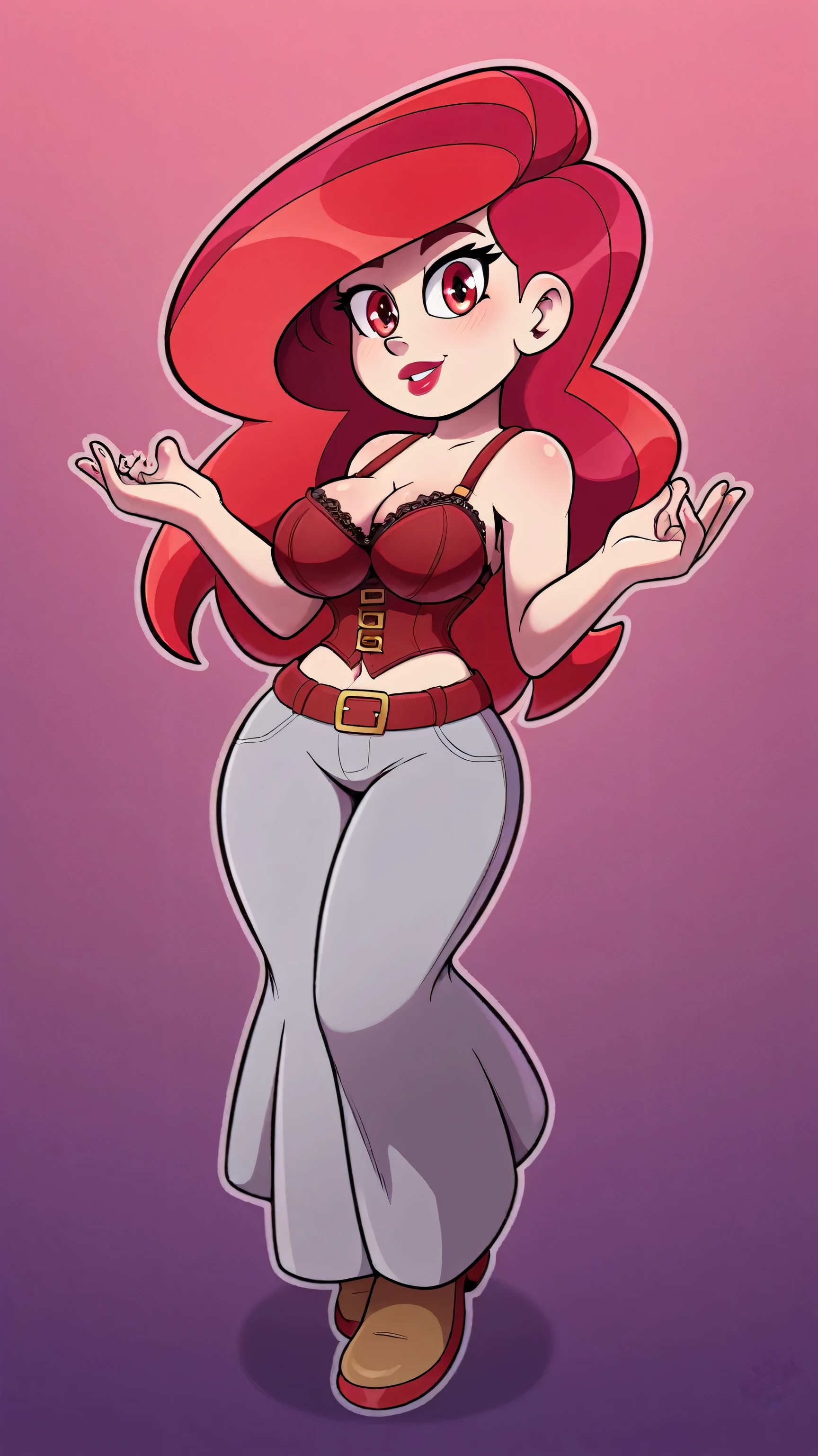 A tall woman big sexy cool waves tenderness cute strength big breast long bright red hair wavy her light red eye medium eyelash black pink lip she dresses red corset bra shows navel and her light gray pants wearing big belt thigh sensual sexy brown shoe black