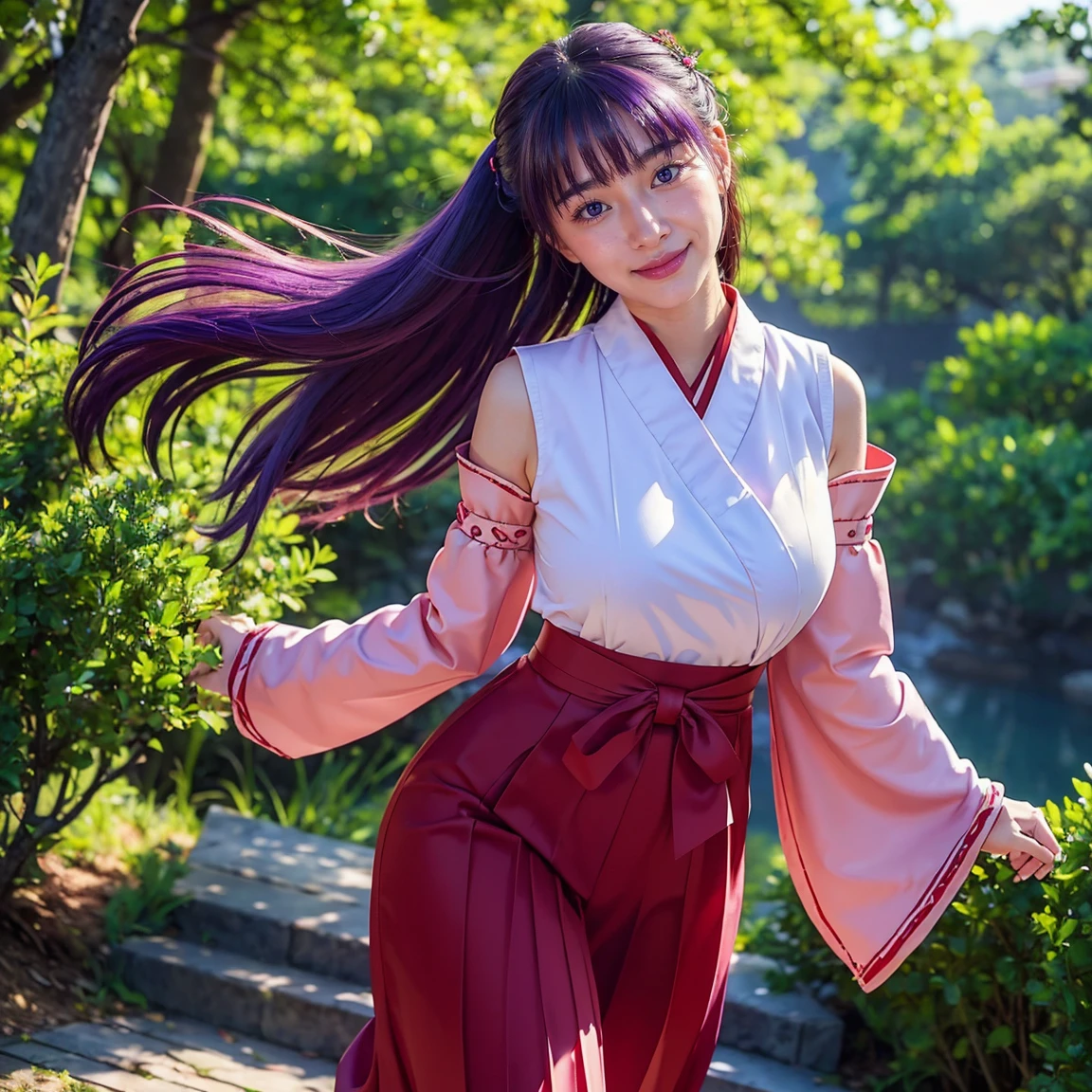 ultra-detailed, Explicit, Beautiful body, Beautiful Nose, Beautiful character design, perfect eyes, perfect face, ultra highres, 4K, beautiful legs, perfect legs, Nice hands, Perfect hand, Masterpiece, Best Quality, Highly detailed, illustration, absurdres, perfect anatomy, expression of joy, glowing eyes, looking at viewer, mystic aura, female priestess, full body, goddess-like, happy trance, perfect female body, smile, japanese clothes, miko, detached sleeves, hakama, hakama skirt, red hakama, ribbon-trimmed sleeves, joyful eyes, horns, extending the right arm from the shoulder into the air with a straightened hand, 1girl, hair ornaments, purple hair, long hair, purple eyes, (((pixel-perfect, detail-perfect))), solo, 1girl, Hanyuu, higurashi when they cry, umineko when they cry, medium sized natural breasts