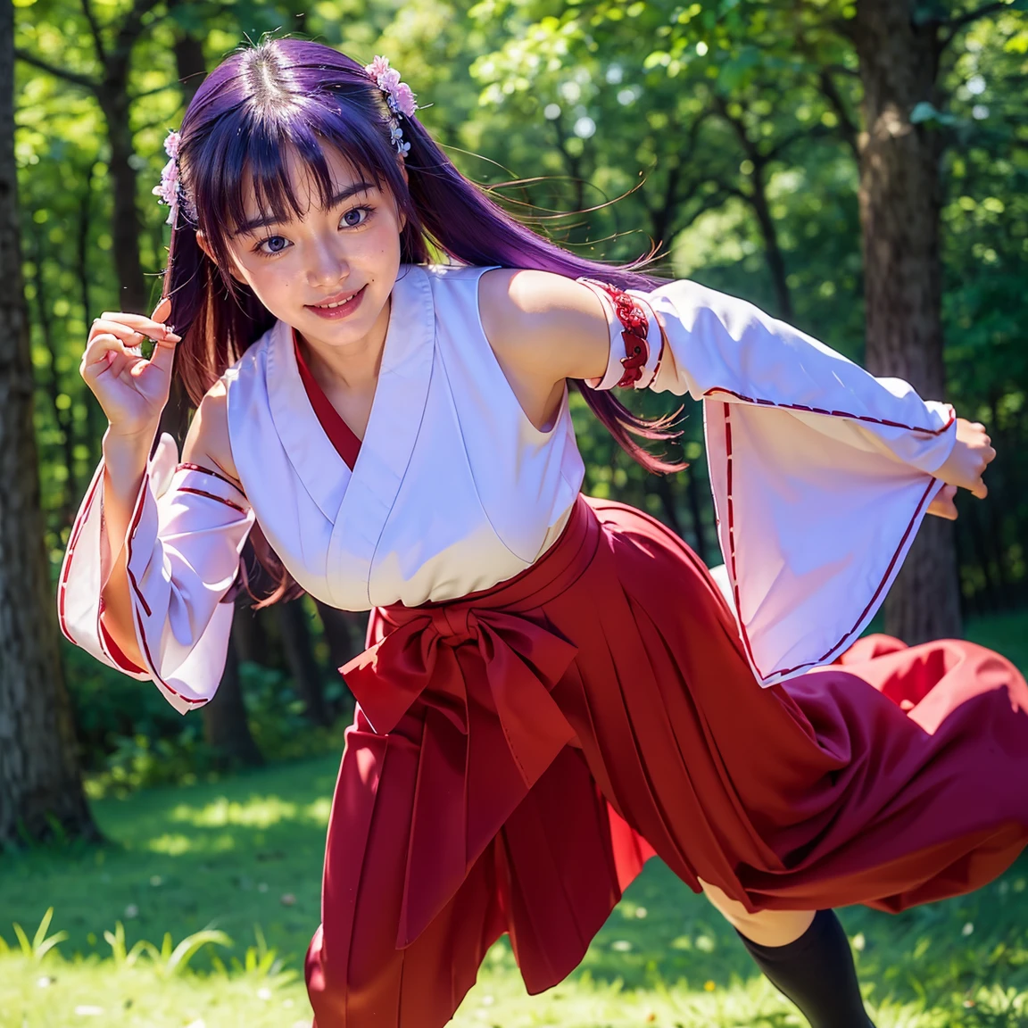 ultra-detailed, Explicit, Beautiful body, Beautiful Nose, Beautiful character design, perfect eyes, perfect face, ultra highres, 4K, beautiful legs, perfect legs, Nice hands, Perfect hand, Masterpiece, Best Quality, Highly detailed, illustration, absurdres, perfect anatomy, expression of joy, glowing eyes, looking at viewer, mystic aura, female priestess, full body, goddess-like, happy trance, perfect female body, smile, japanese clothes, miko, detached sleeves, hakama, hakama skirt, red hakama, ribbon-trimmed sleeves, joyful eyes, horns, extending the right arm from the shoulder into the air with a straightened hand, 1girl, hair ornaments, purple hair, long hair, purple eyes, (((pixel-perfect, detail-perfect))), solo, 1girl, Hanyuu, higurashi when they cry, umineko when they cry, medium sized natural breasts