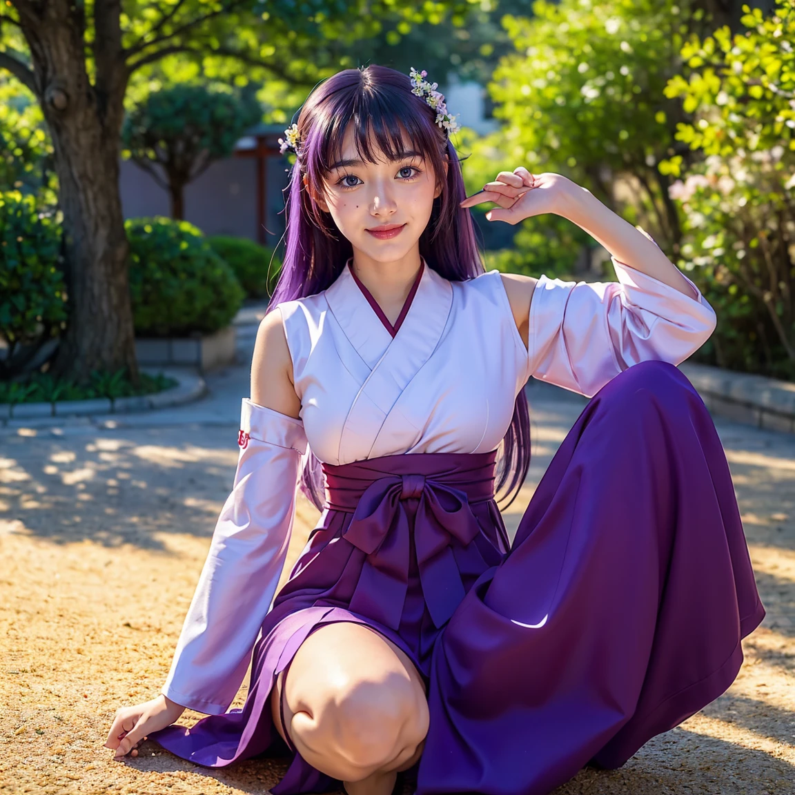 ultra-detailed, Explicit, Beautiful body, Beautiful Nose, Beautiful character design, perfect eyes, perfect face, ultra highres, 4K, beautiful legs, perfect legs, Nice hands, Perfect hand, Masterpiece, Best Quality, Highly detailed, illustration, absurdres, perfect anatomy, expression of joy, glowing eyes, looking at viewer, mystic aura, female priestess, full body, goddess-like, happy trance, perfect female body, smile, japanese clothes, miko, detached sleeves, hakama, hakama skirt, red hakama, ribbon-trimmed sleeves, joyful eyes, horns, extending the right arm from the shoulder into the air with a straightened hand, 1girl, hair ornaments, purple hair, long hair, purple eyes, (((pixel-perfect, detail-perfect))), solo, 1girl, Hanyuu, higurashi when they cry, umineko when they cry, medium sized natural breasts
