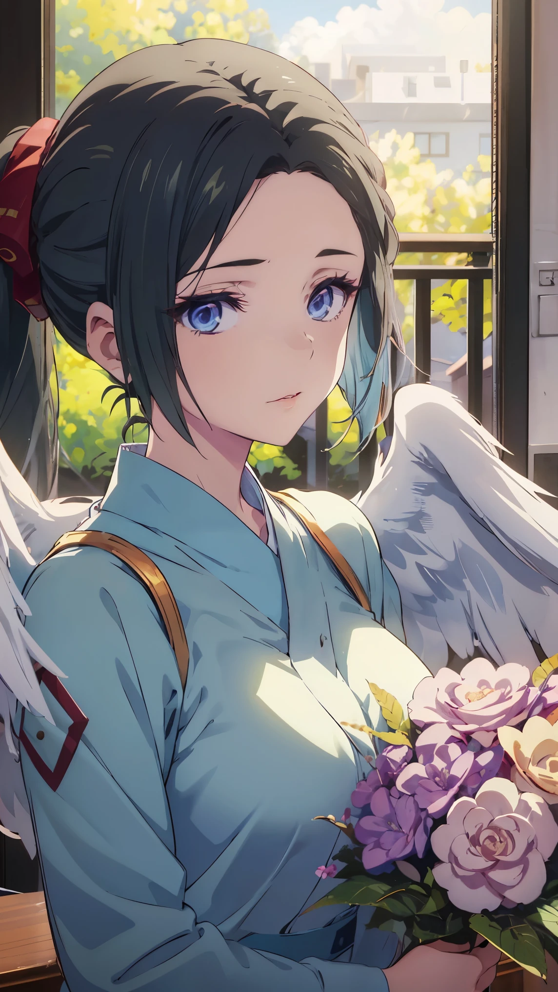 deep skin,textured skin, long hair, black hair, blue eyes, ponytail, highres:1.0), haruhiko_ichijou, makeup, purple lipstick, purple eyeshadow, beautiful face, hyperdetail face, and angel wings holding a bouquet, anime girl cosplay, anime cosplay, cosplay, inspired by Leng Mei, sakimichan, rei ayanami, short blue haired woman, anime inspired, with blue skin, 8k)), , anime girl in real life, professional cosplay, cosplayer, cosplay photo, full-cosplay