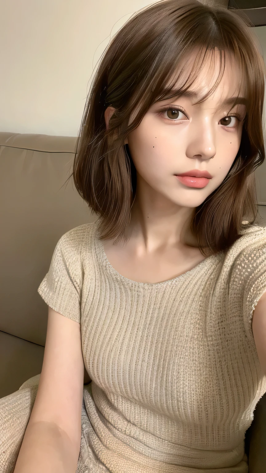 ((highest quality, 8k, masterpiece: 1.3)), 1 female, Japanese Idols,Sensual beauty: 1.3, (Hairstyle Brown Hair Short Bob, big: 1.2), Stylish nightwear: 1.1, Very friendly face, Delicate eyes, double eyelid, Mole, Sit on the sofa,Plump body,