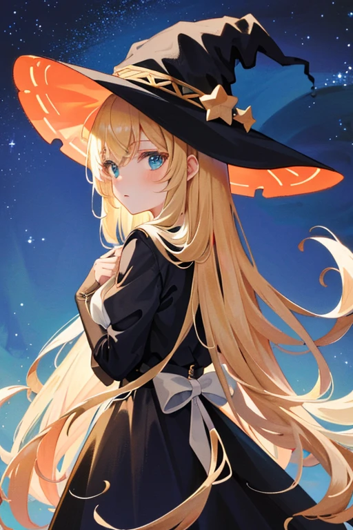 ((Masterpiece:1.2, Best quality)), 1girll, Solo, (Witch hat), Blonde hair, Long hair, dress, aurora, Night, Star (sky), mitts, sky, White dress, Night days