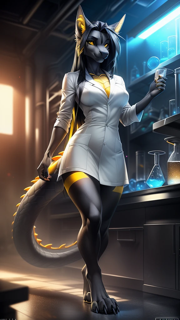 uploaded on e621, (by Wildering, by Koul, by fluff-kevlar, by aycee), solo, female dragon, dragon ears, dragon tail, ((black sclera, deep yellow eyes)), (Laboratory Coat), ((full-body portrait)), (masterpiece), (best quality), (anthro furry:1.3, snout:1.2, anthro:1.3, furry:1.2, solo female:1.2), (thick figure, curvy figure), (wide hips), (extremely thick thighs), (medium breasts, perky breasts), (provocative pose), ((grey scales, two tone scales)), BREAK (((digitigrade feet, wild long black hair))), (Laboratory at night background), depth of field, ambient light on the body, (intricate:0.7), (high detail:1.3), (unreal engine:1.3), (sharp focus:1.15), (masterpiece, best quality, 4k, 2k, shaded, absurd res), lewd expression, claws,