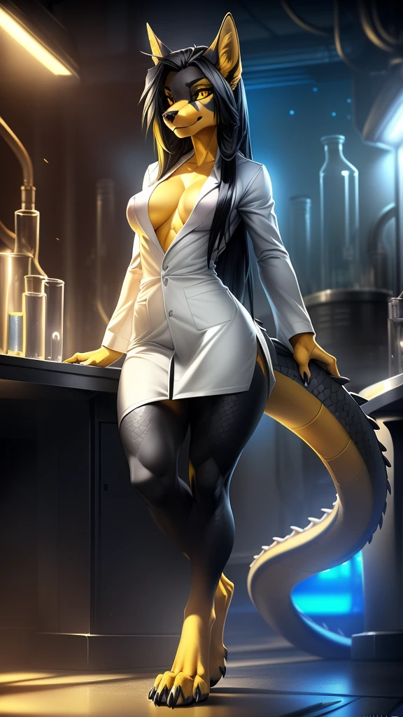 uploaded on e621, (by Wildering, by Koul, by fluff-kevlar, by aycee), solo, female dragon, dragon ears, dragon tail, ((black sclera, deep yellow eyes)), (Laboratory Coat), ((full-body portrait)), (masterpiece), (best quality), (anthro furry:1.3, snout:1.2, anthro:1.3, furry:1.2, solo female:1.2), (thick figure, curvy figure), (wide hips), (extremely thick thighs), (medium breasts, perky breasts), (provocative pose), ((grey scales, two tone scales)), BREAK (((digitigrade feet, wild long black hair))), (Laboratory at night background), depth of field, ambient light on the body, (intricate:0.7), (high detail:1.3), (unreal engine:1.3), (sharp focus:1.15), (masterpiece, best quality, 4k, 2k, shaded, absurd res), lewd expression, claws,