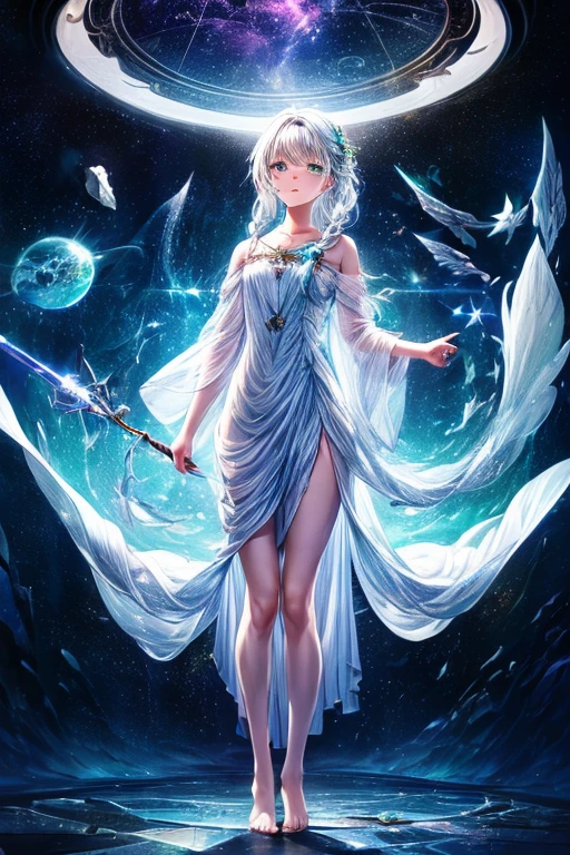 (((green, silver, glimmer)), limited palette, contrast, phenomenal aesthetic, best quality, sumptuous artwork, (masterpiece), (best quality), (ultra-detailed),(((illustration))), ((an extremely delicate and beautiful)),(detailed light),1girl,cold theme, broken glass, broken wall,((an array of stars)),((starry sky)),the Milky Way,star,Reflecting the starry water surface,(1girl:1.3)aqua theme,white hair,blinking,white dress,closed mouth,constel lation,flat color,noline art,full Glass sphere,girl inside glass sphere,white hair,braid,blinking,white robe,bust \(sculpture\),barefoot,float,closed mouth,constel lation,flat color,holding,holding wand,looking up,standing,male focus,medium hair,standing,solo,space,universe,utaite(singer),Nebula,many stars,,