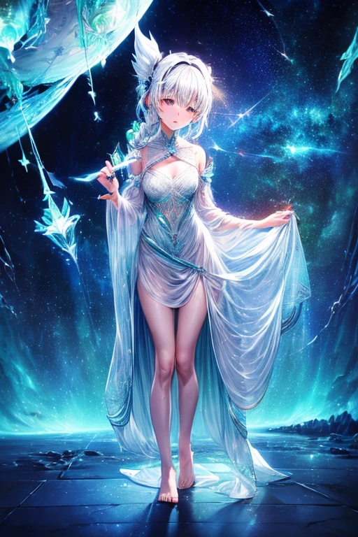 (((green, silver, glimmer)), limited palette, contrast, phenomenal aesthetic, best quality, sumptuous artwork, (masterpiece), (best quality), (ultra-detailed),(((illustration))), ((an extremely delicate and beautiful)),(detailed light),1girl,cold theme, broken glass, broken wall,((an array of stars)),((starry sky)),the Milky Way,star,Reflecting the starry water surface,(1girl:1.3)aqua theme,white hair,blinking,white dress,closed mouth,constel lation,flat color,noline art,full Glass sphere,girl inside glass sphere,white hair,braid,blinking,white robe,bust \(sculpture\),barefoot,float,closed mouth,constel lation,flat color,holding,holding wand,looking up,standing,male focus,medium hair,standing,solo,space,universe,utaite(singer),Nebula,many stars,,