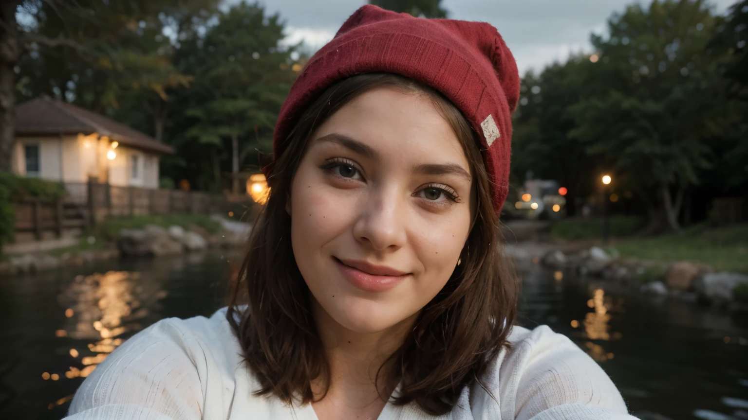 photo realistic, best quality, hyper detailed, gorgeous woman, selfie photo, upper body, al fresco, (night), (smile:0.6), (realism:1.9), (cheerful, happy), sweater, red beanie,forest, rock, river, clear sky, analog style, view of the viewer, skin texture, film grain, close up, ultra-high resolution, best shadow, RAW, instagram LUT