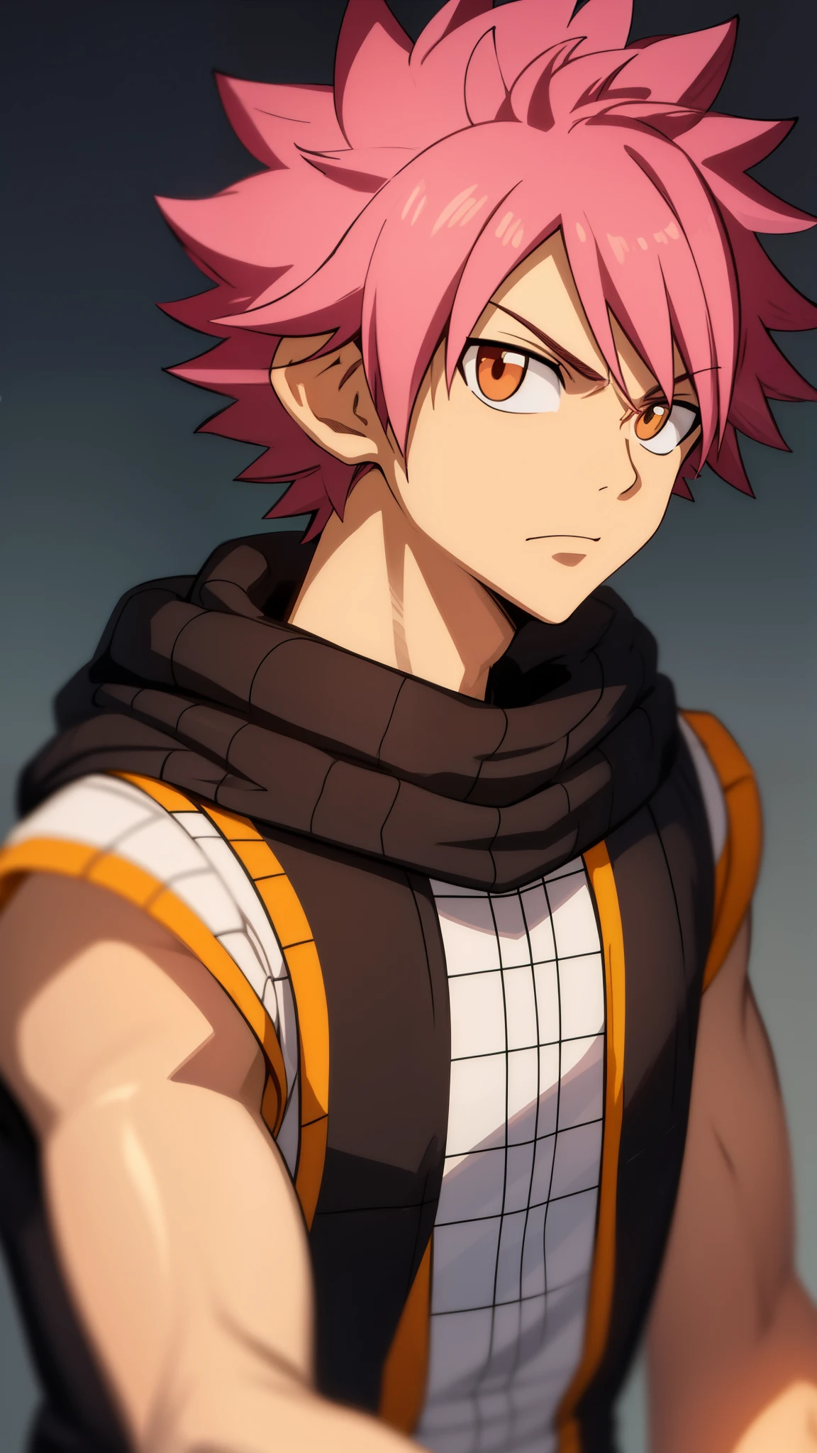masterpiece, best quality, high quality, 1boy, solo, male focus, looking at viewer, upper body, natsu_dragneel, pink hair