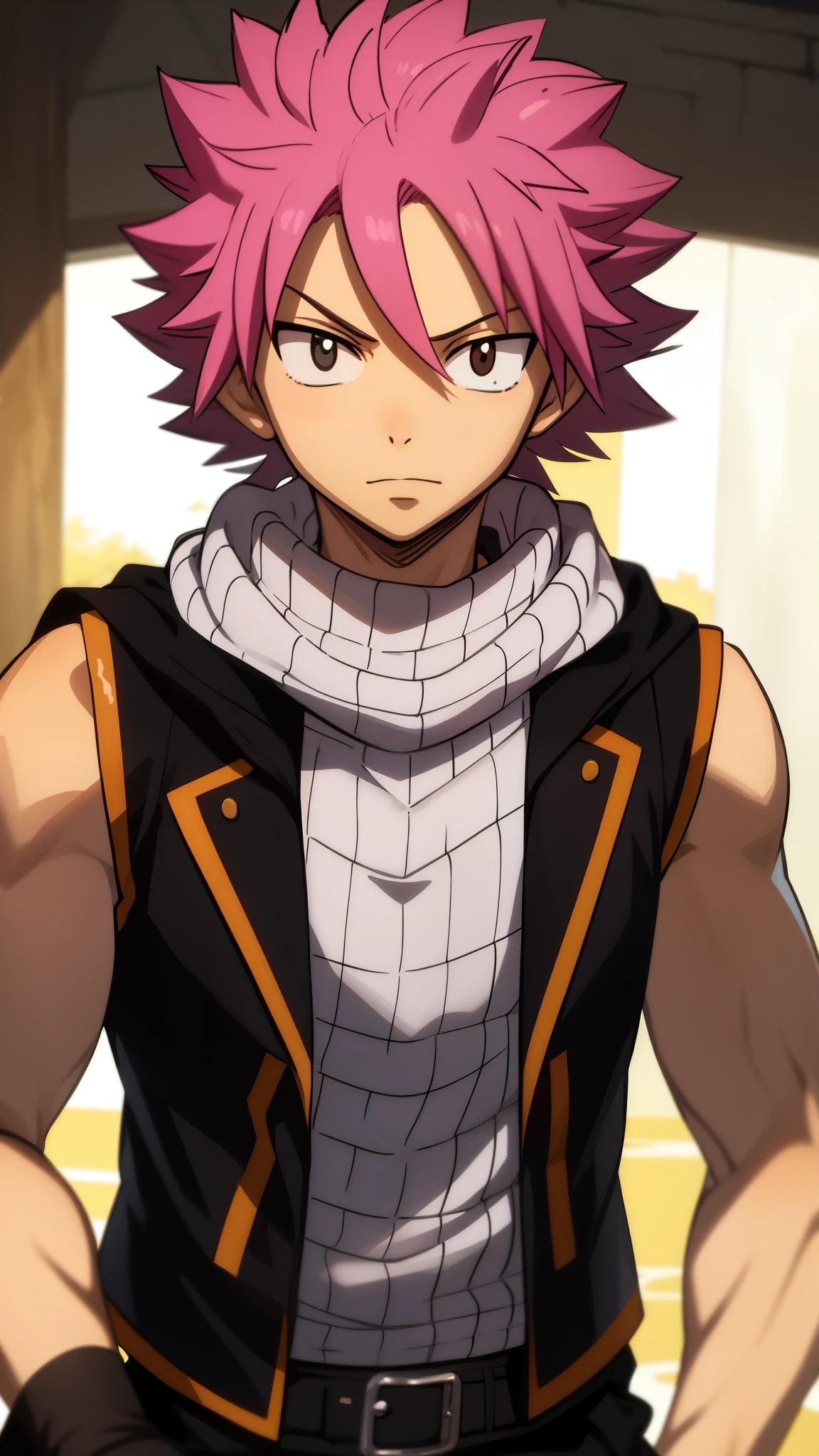 masterpiece, best quality, high quality, 1boy, solo, male focus, looking at viewer, upper body, natsu_dragneel, pink hair