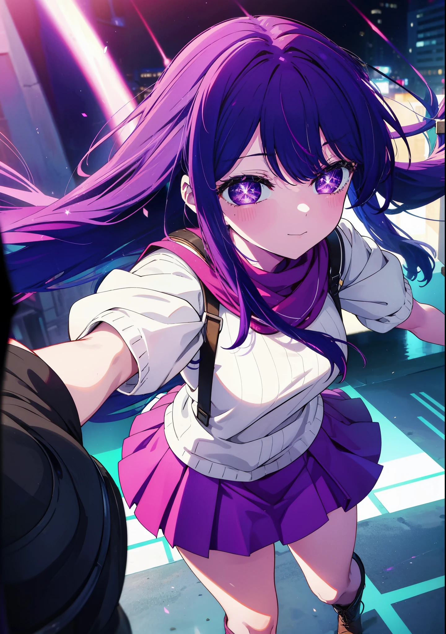 aihoshino, Ai Hoshino, Long Hair, bangs, (Purple eyes:1.1), Purple Hair, (Symbol-shaped pupil:1.5), smile,Medium chest,happy smile, smile, Close your mouth,Hunting Hat,Purple sleeveless dress,Purple mini skirt,Black knee socks,short boots,
Place your right hand on your hip,Looking up from below,whole bodyがイラストに入るように,
break outdoors, In town,ビル街
break looking at viewer, whole body,
break (masterpiece:1.2), highest quality, High resolution, unity 8k wallpaper, (figure:0.8), (Beautiful fine details:1.6), Highly detailed face, Perfect lighting, Highly detailed CG, (Perfect hands, Perfect Anatomy),