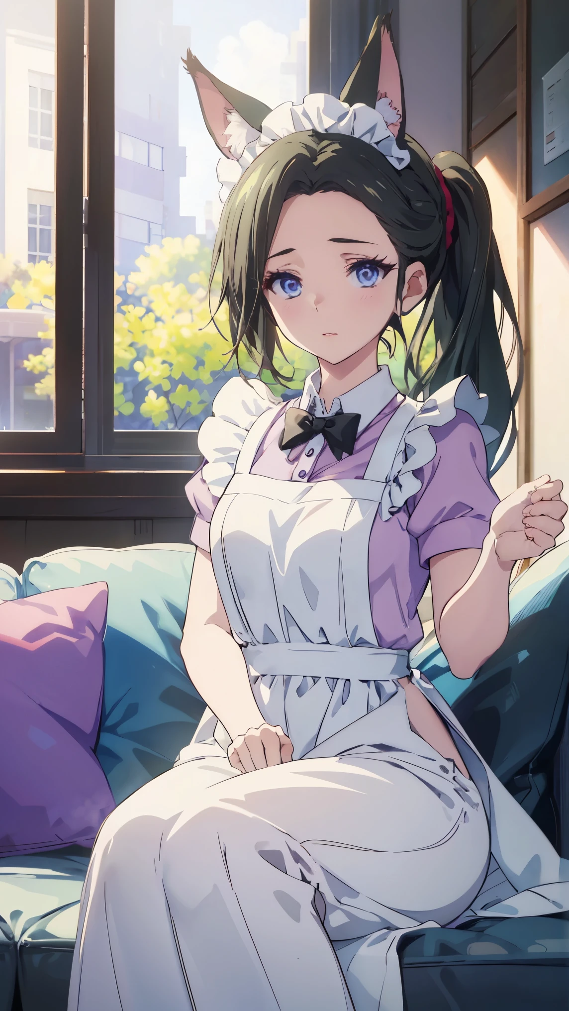 deep skin,textured skin, long hair, black hair, blue eyes, ponytail, highres:1.0), haruhiko_ichijou, makeup, purple lipstick, purple eyeshadow, beautiful face, hyperdetail face, in bunny costume sitting on a couch with a stuffed animal, anime girl cosplay, anime cosplay, cosplay, sakura kinomoto, cosplay of a catboy! maid! dress, , anime cat girl in a maid costume, rin, anime girl in a maid costume, sakimichan, cosplay photo, cosplayer, shikamimi