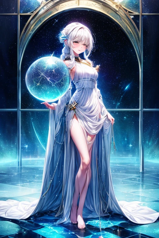 (((green, silver, glimmer)), limited palette, contrast, phenomenal aesthetic, best quality, sumptuous artwork, (masterpiece), (best quality), (ultra-detailed),(((illustration))), ((an extremely delicate and beautiful)),(detailed light),1girl,cold theme, broken glass, broken wall,((an array of stars)),((starry sky)),the Milky Way,star,Reflecting the starry water surface,(1girl:1.3)aqua theme,white hair,blinking,white dress,closed mouth,constel lation,flat color,noline art,full Glass sphere,girl inside glass sphere,white hair,braid,blinking,white robe,bust \(sculpture\),barefoot,float,closed mouth,constel lation,flat color,holding,holding wand,looking up,standing,male focus,medium hair,standing,solo,space,universe,utaite(singer),Nebula,many stars,,