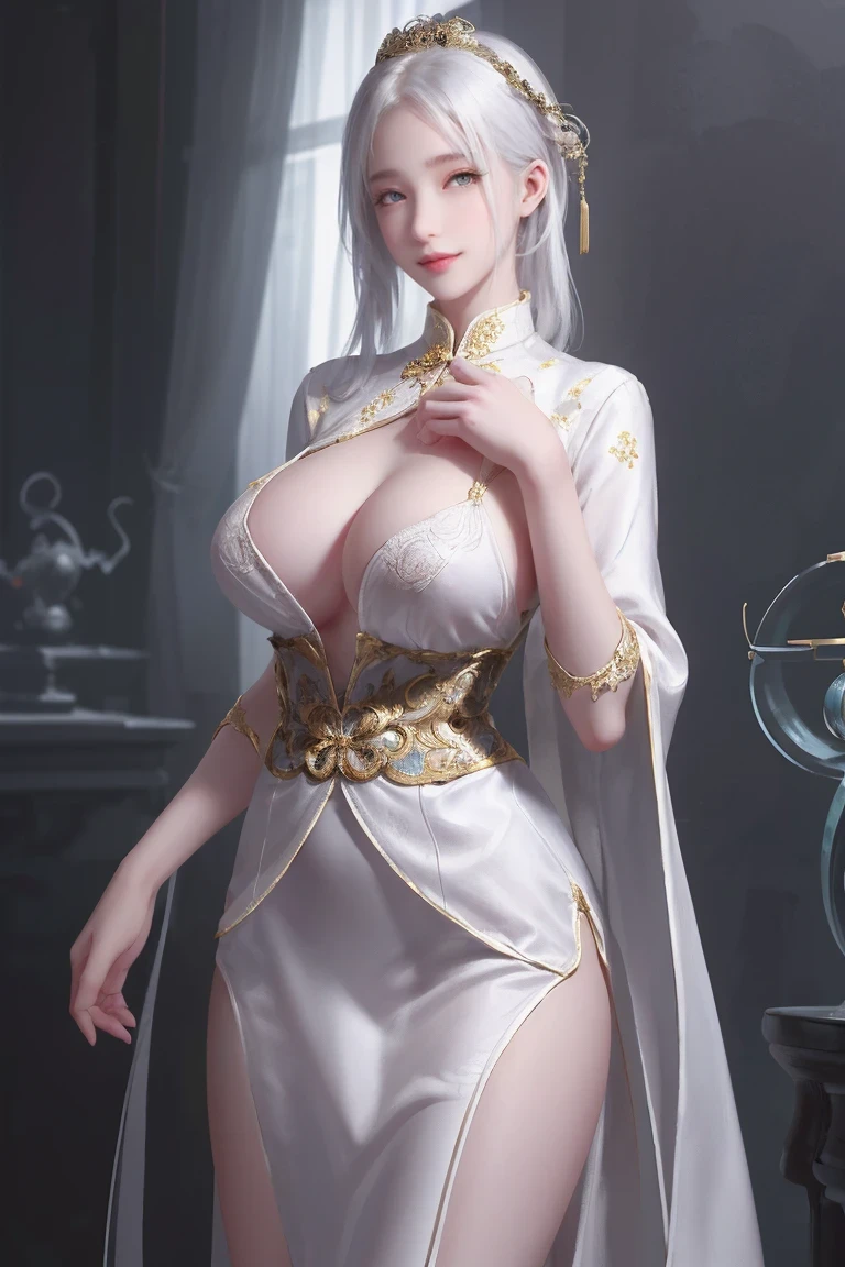 unparalleled masterpiece, ultra realistic 8k CG, perfect artwork, ((perfect female figure)), white hair, red eyes, mature female, milf, narrow waist, chinese deity, looking at viewer, seductive posture, sexy pose, alluring, clean, beautiful face, pure face, pale skin, absurdly long hair, (huge breasts, nsfw, breasts out, puffy nipples), shiny skin, skindentation,delicate pattern, intricate detail, (rich:1.4), (extremely detailed 8K chinese long embroidery silkrobe and silk long clothes and dress:1.2),slim body