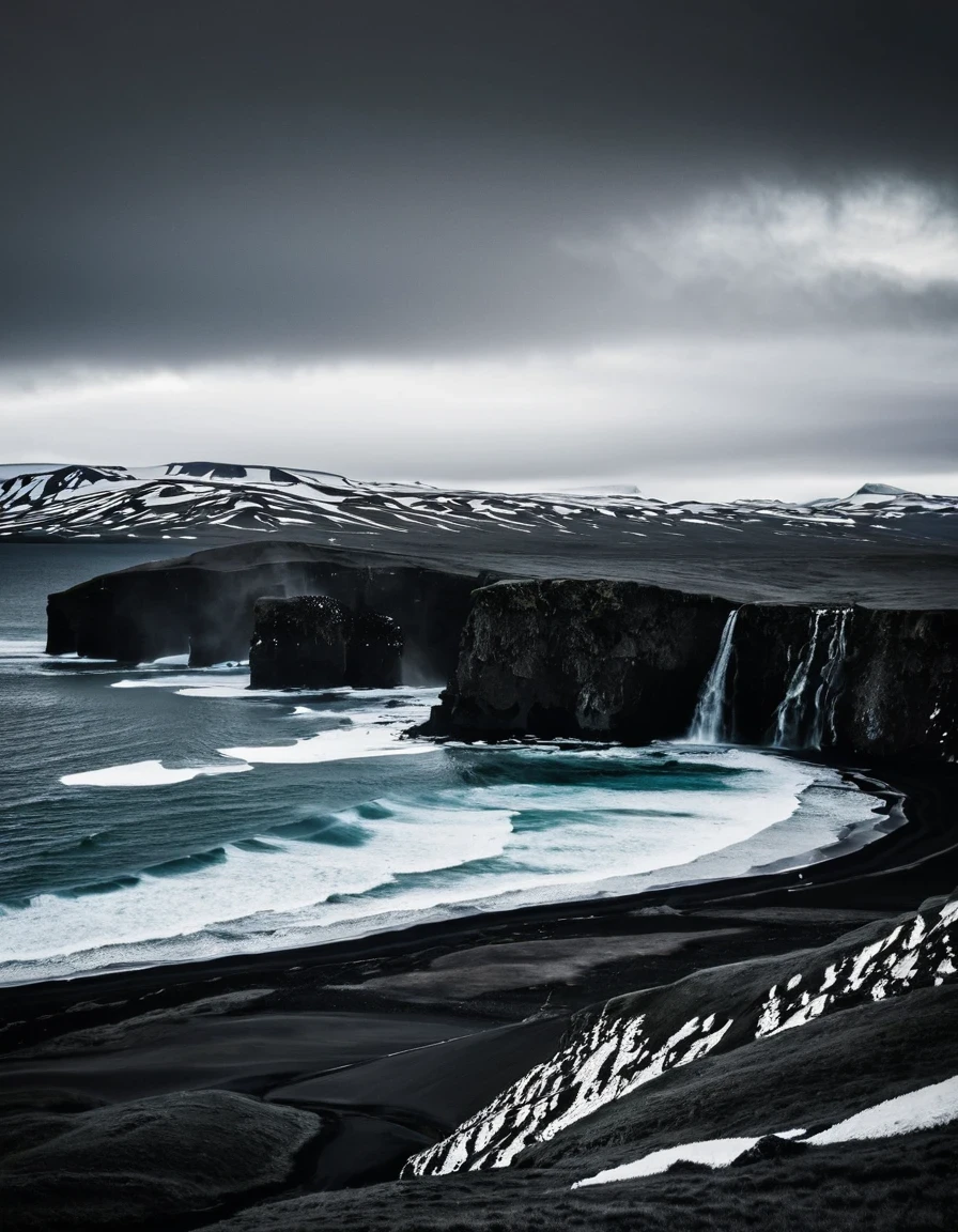 Black and White Photography，Iceland&#39;s black sand beach at night，（White moon in the night sky：1.37），White glacier，The beauty of nature in black and white，These beaches are made of basalt gravel formed by volcanic eruptions.，Calm and heavy，In stark contrast to the cold sea water。The photographer uses precise composition and light control，Capturing the mystery and unique charm of the black sand beach。Each photo exudes a power and depth，Arouse the viewer&#39;s awe of the power of nature，National Geographic，Ultra high quality，Ultra-high detail，16k，Studio Photography，