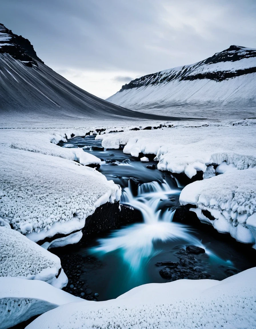 Black and White Photography，Iceland&#39;s black sand beach at night，（White moon in the night sky：1.37），White glacier，The beauty of nature in black and white，These beaches are made of basalt gravel formed by volcanic eruptions.，Calm and heavy，In stark contrast to the cold sea water。The photographer uses precise composition and light control，Capturing the mystery and unique charm of the black sand beach。Each photo exudes a power and depth，Arouse the viewer&#39;s awe of the power of nature，National Geographic，Ultra high quality，Ultra-high detail，16k，Studio Photography，