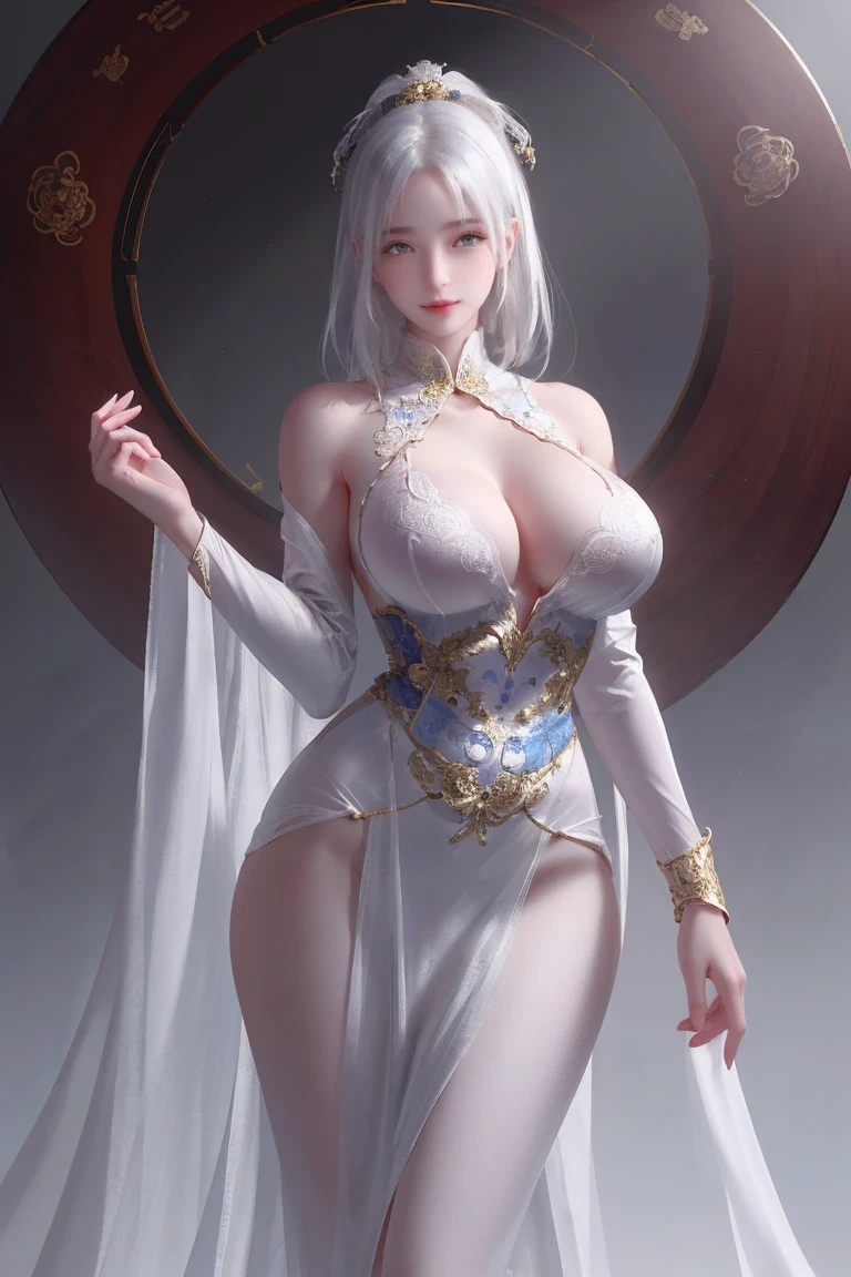 unparalleled masterpiece, ultra realistic 8k CG, perfect artwork, ((perfect female figure)), white hair, red eyes, mature female, milf, narrow waist, chinese deity, looking at viewer, seductive posture, sexy pose, alluring, clean, beautiful face, pure face, pale skin, absurdly long hair, (huge breasts, nsfw, breasts out, puffy nipples), shiny skin, skindentation,delicate pattern, intricate detail, (rich:1.4), (extremely detailed 8K chinese long embroidery silkrobe and silk long clothes and dress:1.2),slim body