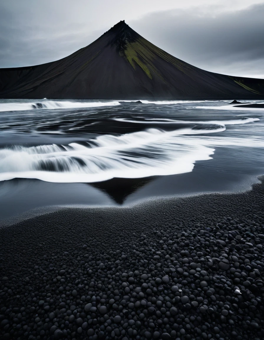 Black and White Photography，Iceland Black Sand Beach，The beauty of nature in black and white，These beaches are made of basalt gravel formed by volcanic eruptions.，Calm and heavy，In stark contrast to the cold sea water。The photographer uses precise composition and light control，Capturing the mystery and unique charm of the black sand beach。Each photo exudes a power and depth，Arouse the viewer&#39;s awe of the power of nature，National Geographic，Ultra high quality，Ultra-high detail，16k，Studio Photography，
