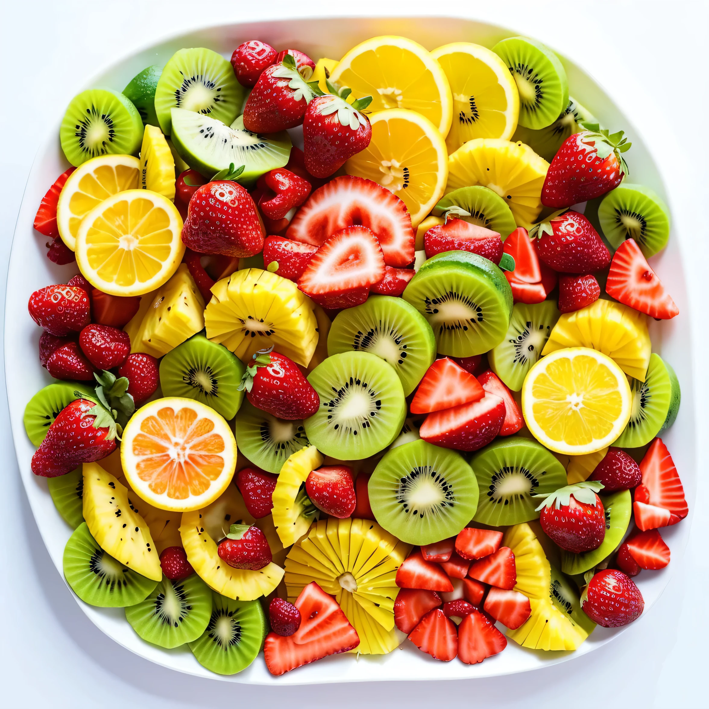 A realistic depiction of a variety of summer fruits beautifully cut and arranged on a plate. The fruits include watermelon, pineapple, strawberries, mango, and kiwi, all sliced into bite-sized pieces. The arrangement is colorful and aesthetically pleasing, with the fruits neatly displayed on a white plate. The background is simple and clean, highlighting the freshness and vibrancy of the summer fruits.
