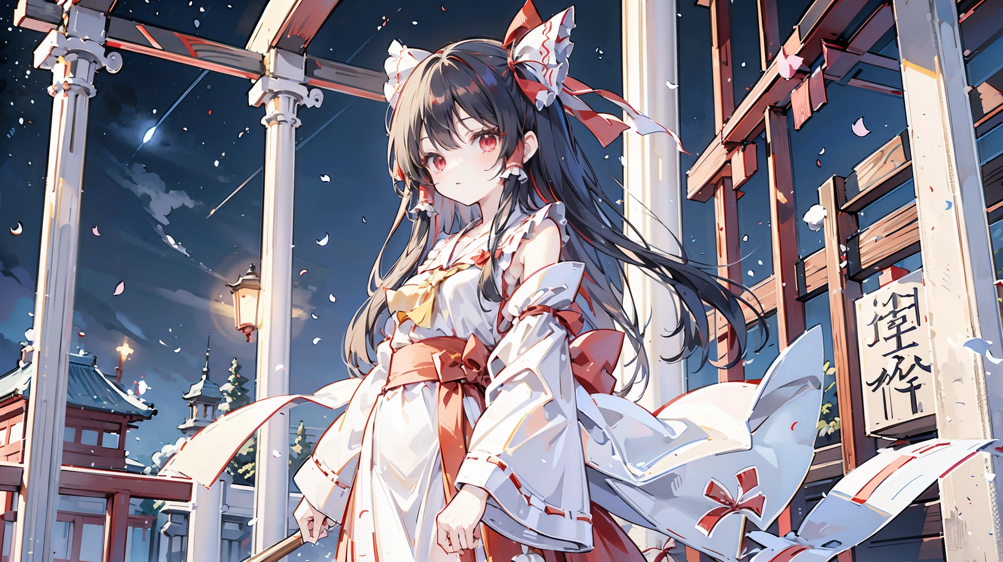 Reimu Hakurei (Touhou Project) Big red ribbon, red and white shrine maiden clothes, long black hair, long sleeves