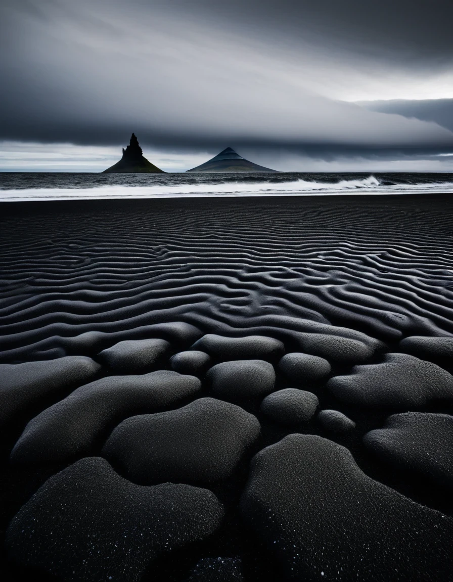Black and White Photography，Iceland Black Sand Beach，The beauty of nature in black and white，These beaches are made of basalt gravel formed by volcanic eruptions.，Calm and heavy，In stark contrast to the cold sea water。The photographer uses precise composition and light control，Capturing the mystery and unique charm of the black sand beach。Each photo exudes a power and depth，Arouse the viewer&#39;s awe of the power of nature，National Geographic，Ultra high quality，Ultra-high detail，16k，Studio Photography，