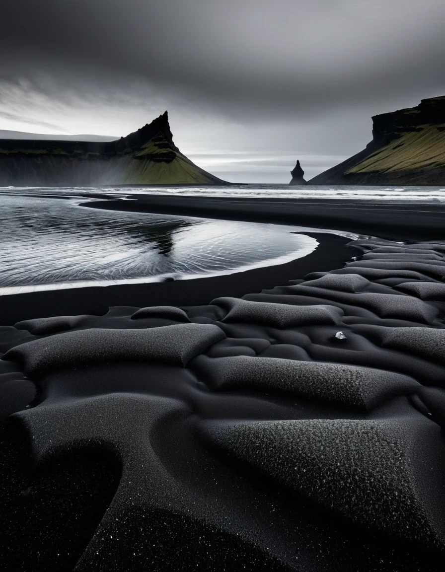 Black and White Photography,Iceland Black Sand Beach,The beauty of nature in black and white,Iceland's black sand beaches are an otherworldly sight。These beaches are made of basalt gravel formed by volcanic eruptions.,Calm and heavy,In stark contrast to the cold sea water。The photographer uses precise composition and light control,Capturing the mystery and unique charm of the black sand beach。Each photo exudes a power and depth,Arouse the viewer's awe of the power of nature。