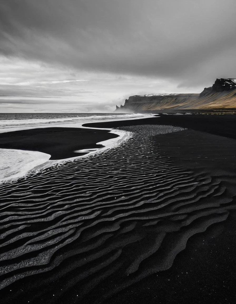 Black and White Photography,Iceland Black Sand Beach,The beauty of nature in black and white,Iceland's black sand beaches are an otherworldly sight。These beaches are made of basalt gravel formed by volcanic eruptions.,Calm and heavy,In stark contrast to the cold sea water。The photographer uses precise composition and light control,Capturing the mystery and unique charm of the black sand beach。Each photo exudes a power and depth,Arouse the viewer's awe of the power of nature。