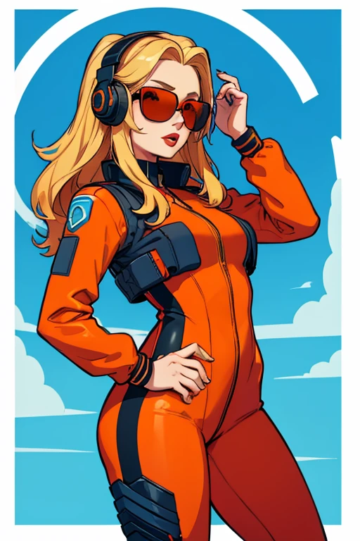 Girl with long blonde hair, red lips, wearing a tight orange and light blue pilot suit, headphones, sunglasses