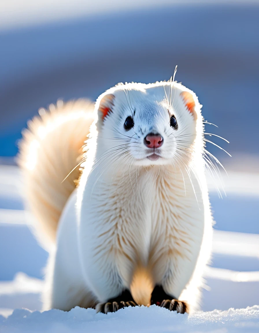 Winter in the Arctic，Many birds and mammals wear white，Be at one with nature，This is not easy to be discovered by prey.，It is not easy to be discovered by natural enemies.。in，Ferrets leave a black patch at the tip of their tails。