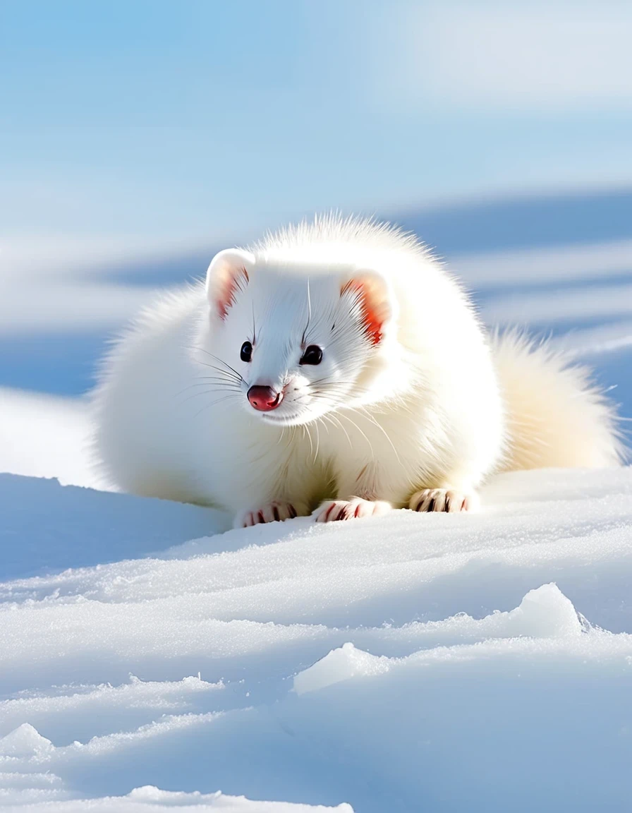 Winter in the Arctic,The white ferret has only a patch of black on the tip of its tail。The animals are all wearing white clothes,Be at one with nature,This is not easy to be discovered by prey.,It is not easy to be discovered by natural enemies.。