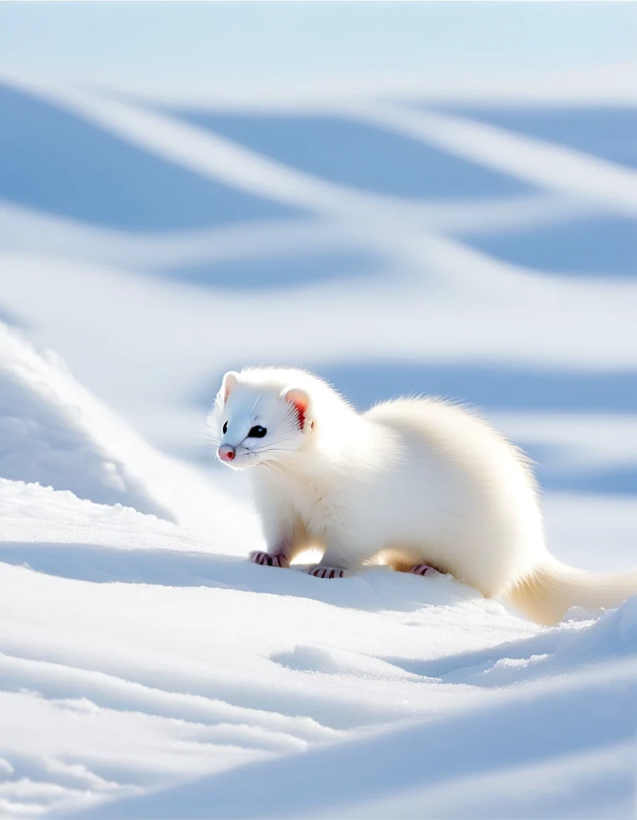 Winter in the Arctic，The white ferret has only a patch of black on the tip of its tail。The animals are all wearing white clothes，Be at one with nature，This is not easy to be discovered by prey.，It is not easy to be discovered by natural enemies.。