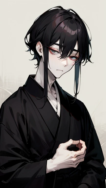 Black kimono from the Taisho period、(Pale-faced man)、(A sick and emaciated man)、Upper Body、Black Hair,Eyes closed