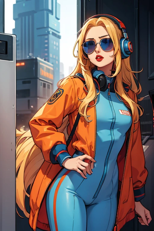 Girl with long blonde hair, red lips, wearing a tight light blue and orange pilot suit, headphones, sunglasses