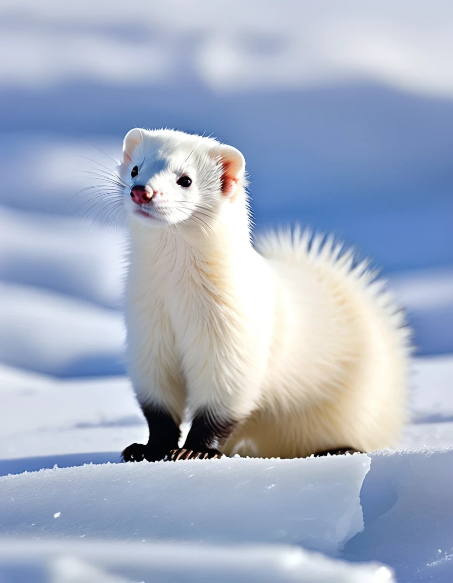 Winter in the Arctic,The white ferret has only a patch of black on the tip of its tail。The animals are all wearing white clothes,Be at one with nature,This is not easy to be discovered by prey.,It is not easy to be discovered by natural enemies.。