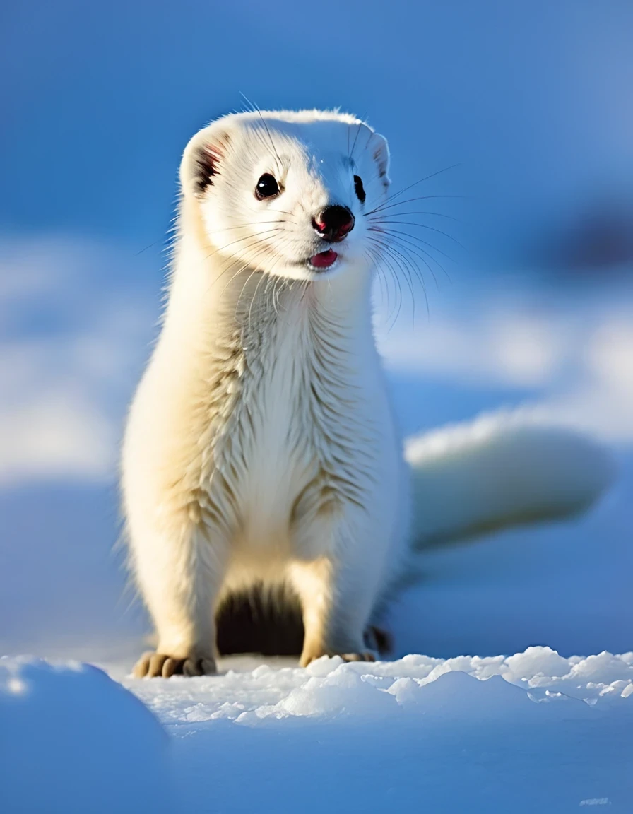 Winter in the Arctic，Many birds and mammals wear white，Be at one with nature，This is not easy to be discovered by prey.，It is not easy to be discovered by natural enemies.。in，Ferrets leave a black patch at the tip of their tails。