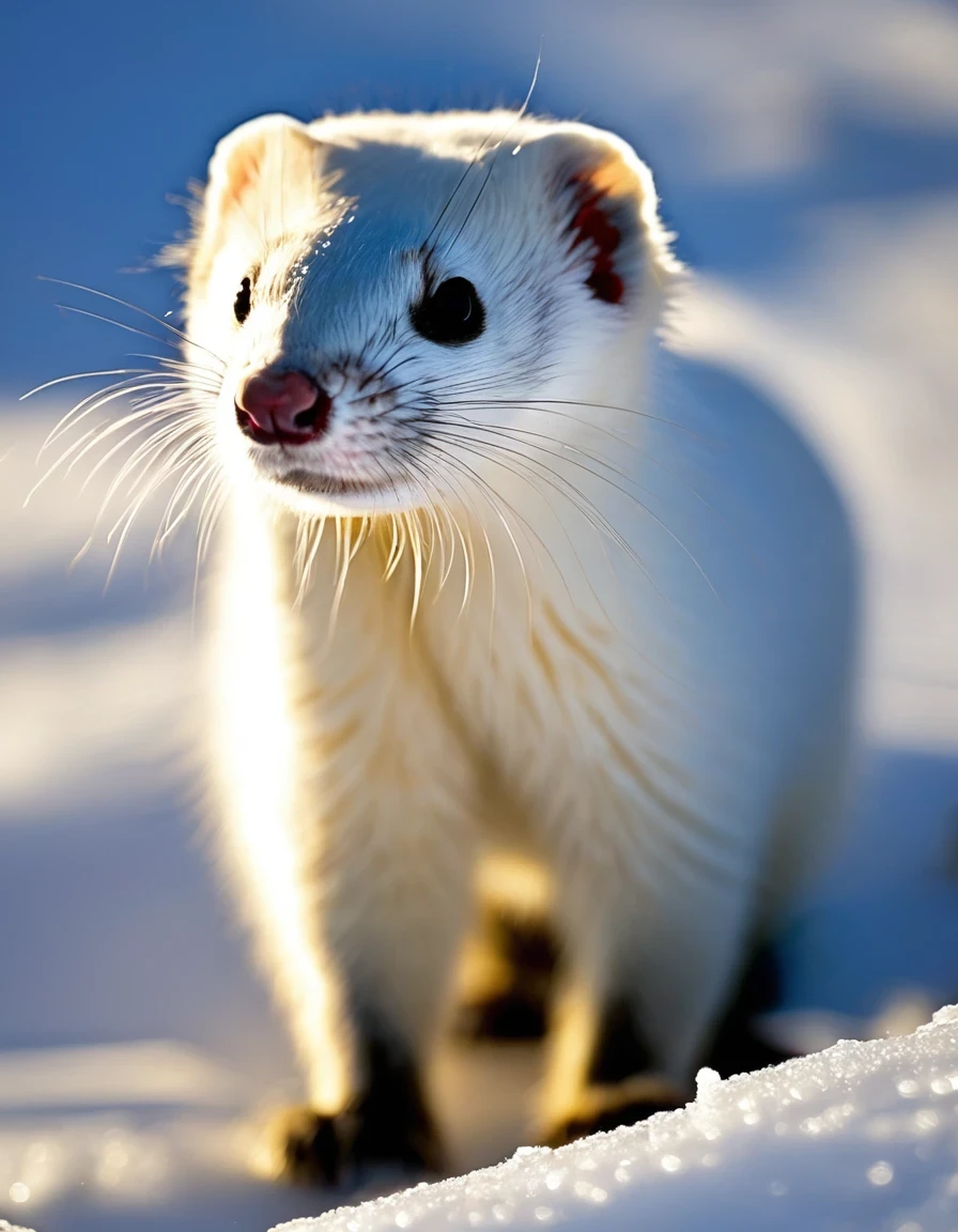 Winter in the Arctic，Many birds and mammals wear white，Be at one with nature，This is not easy to be discovered by prey.，It is not easy to be discovered by natural enemies.。in，Ferrets leave a black patch at the tip of their tails。