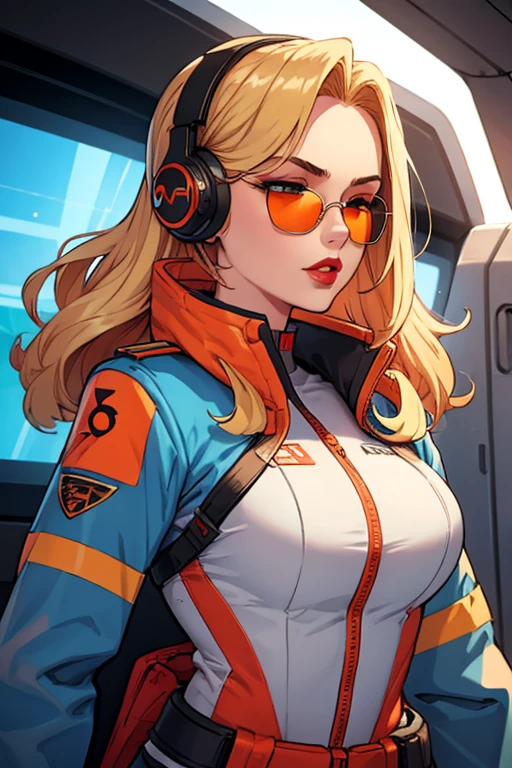 Girl with long blonde hair, red lips, wearing a tight light blue and orange pilot suit, headphones, sunglasses