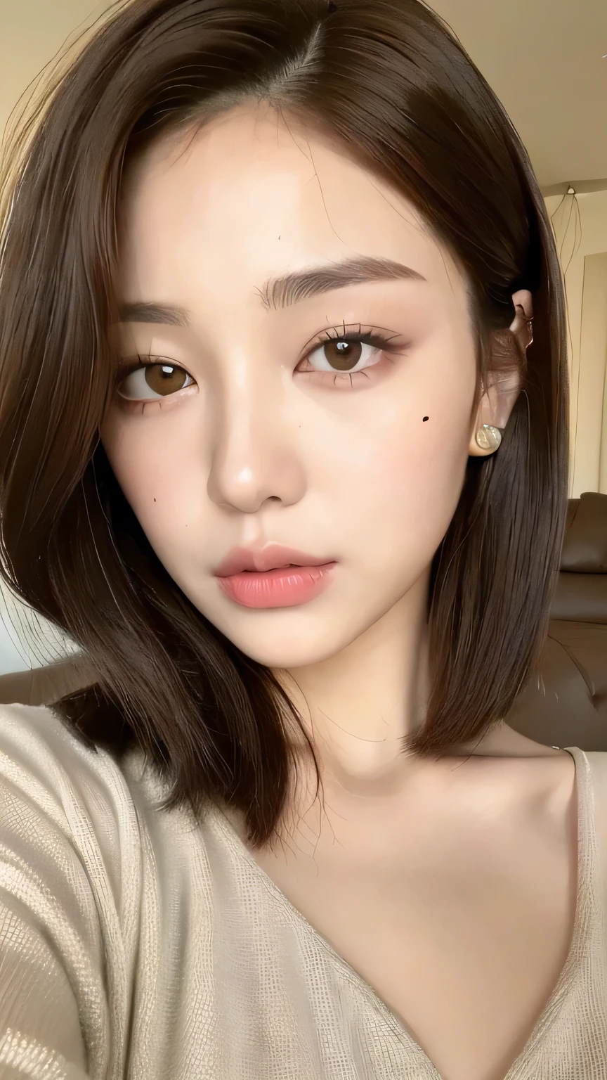 ((highest quality, 8k, masterpiece: 1.3)), 1 female, Japanese Idols,Sensual beauty: 1.3, (Hairstyle Brown Hair Short Bob, big: 1.2), Stylish nightwear: 1.1, Very friendly face, Delicate eyes, double eyelid, Mole, Sit on the sofa,Plump body,