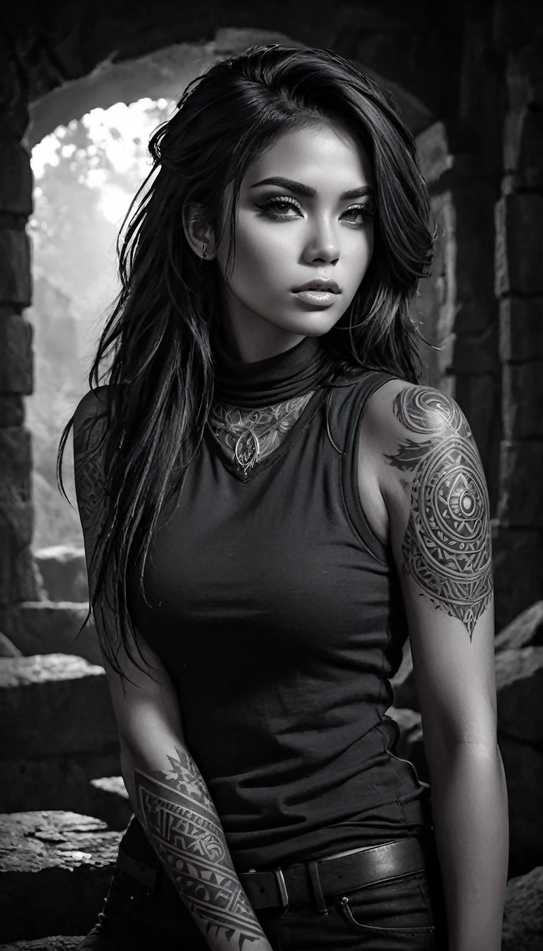 (monochrome:1.3), black and white photography, dark theme, (realistic, photo-realistic:1.37), (ohwx woman), jesica alba with tribal tattoos arms and neck, wearing a sleeveless sweatshirtrealistic, cowboy shot, fantasy world, dark colors, dramatic lighting, oil painting style, mystical atmosphere, flowing hair, surreal landscapes, intricate details, ethereal beings, supernatural elements, ancient ruins, magical creatures