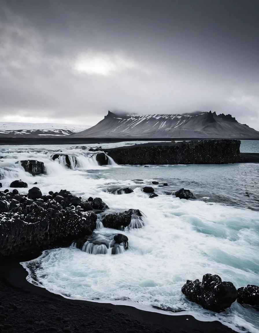 Black and White Photography，Iceland&#39;s black sand beach at night，（White moon in the night sky：1.37），White glacier，The beauty of nature in black and white，These beaches are made of basalt gravel formed by volcanic eruptions.，Calm and heavy，In stark contrast to the cold sea water。The photographer uses precise composition and light control，Capturing the mystery and unique charm of the black sand beach。Each photo exudes a power and depth，Arouse the viewer&#39;s awe of the power of nature，National Geographic，Ultra high quality，Ultra-high detail，16k，Studio Photography，