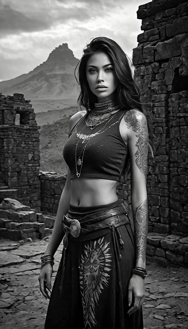 (monochrome:1.3), black and white photography, dark theme, (realistic, photo-realistic:1.37), (ohwx woman), jesica alba with tribal tattoos arms and neck, wearing a sleeveless sweatshirtrealistic, cowboy shot, fantasy world, dark colors, dramatic lighting, oil painting style, mystical atmosphere, flowing hair, surreal landscapes, intricate details, ethereal beings, supernatural elements, ancient ruins, magical creatures