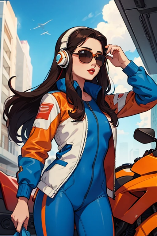 Girl with long brunette hair, red lips, wearing a tight light blue and orange pilot suit, headphones, sunglasses