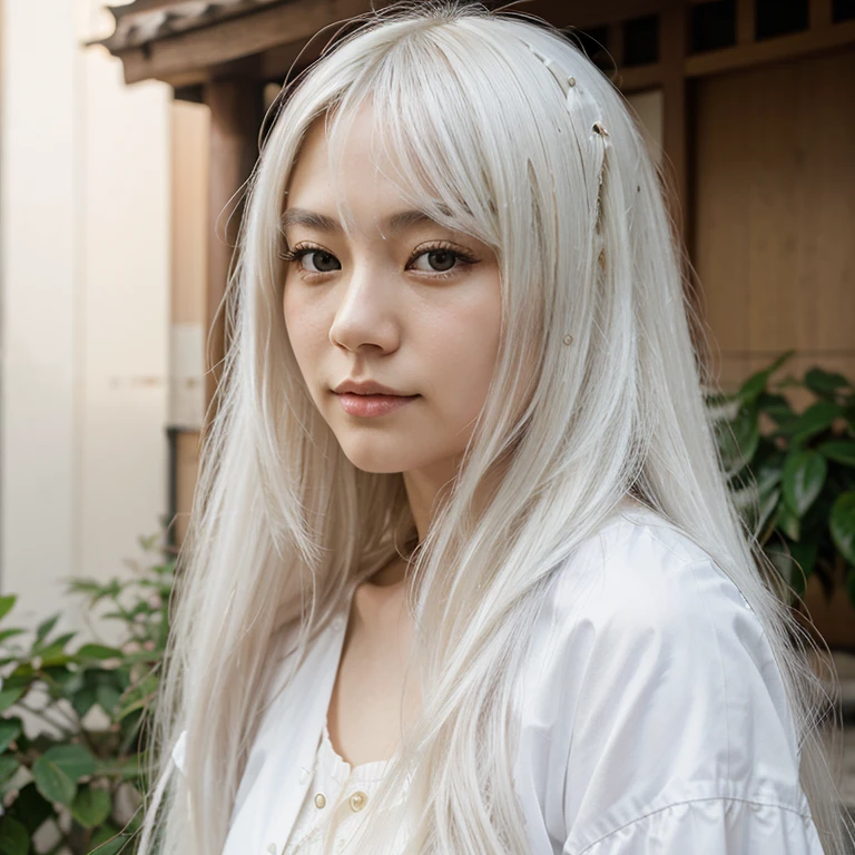 A modern day japanese girl with long white hair. Realistic style portrait.